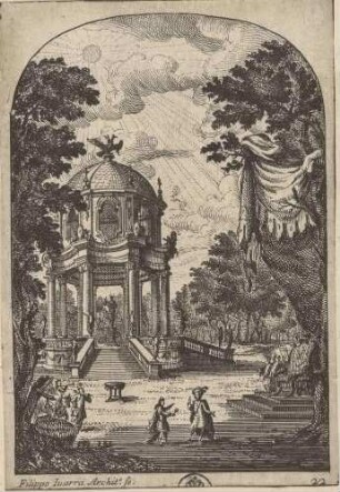 Bühnenbild für die Oper „Il Ciro“ von Alessandro Scarlatti im Teatro Ottoboni des Palazzo della Cancelleria in Rom im Jahr 1712 (Akt 1, Szene 11: Heiliger Hain mit Apollotempel)