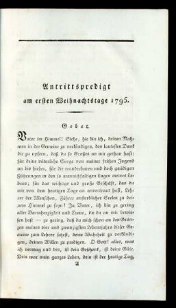 Antrittspredigt am ersten Weihnachtstage 1795.