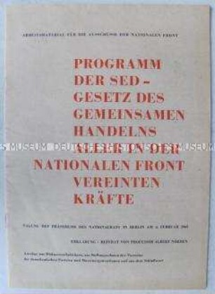 Arbeitsmaterial der Nationalen Front von der Nationalratstagung zum Programm der SED