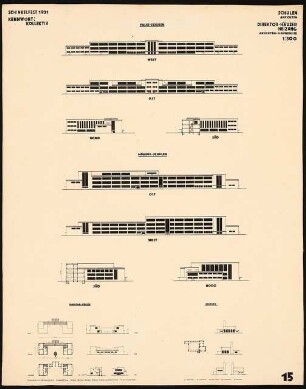 Siedlungsplan mit Schulhausgruppe Schinkelwettbewerb 1931: Schulen Ansichten, Direktorhäuser und Heizung Ansichten und Grundrisse, 1:500