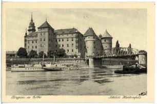 Torgau. Schloss Hartenfels - Elbe m. Brücke u. Dampfer