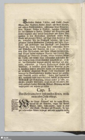 Cap. I. Von Versorgung derer einheimischen Armen, welche einem jeden Orthe oblieget