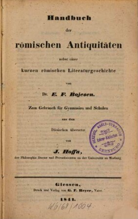 Handbuch der römischen Antiquitäten nebst einer kurzen römischen Literaturgeschichte : Aus dem Dänischen von J. Hoffa
