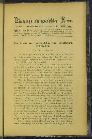 Der Zusatz von Formaldehyd zum alkalischen Entwickler