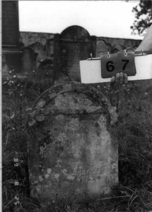 Grabstein 67 (Index: 100108171) Material: heller Sandstein Zustand: stark verwittert mit Textverlust Maße HxBxT: 63x44x11 cm Beschreibung: Stele mit eingezogenem Rundbogenabschluß: Grabstein 67