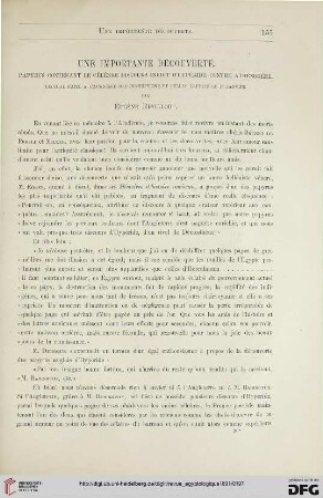 6: Une importante découverte, [1] : papyrus contenant le célèbre discours inédit d'Hypéride contre Athénogène; lecture faite à l'Académie des Inscriptions et Belles lettres le 18 janvier
