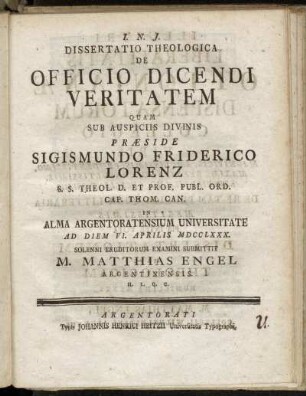 Dissertatio Theologica De Officio Dicendi Veritatem