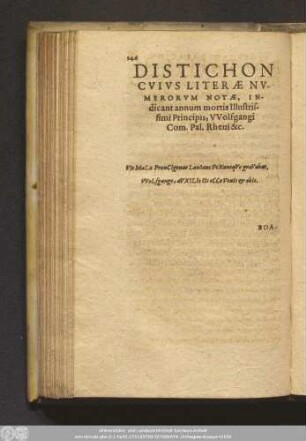 Distichon Cuius Literae Numerorum Notae, Indicant annum mortis Illustrissimi Principis, Wolfgangi Com. Pal. Rheni. [et]c.