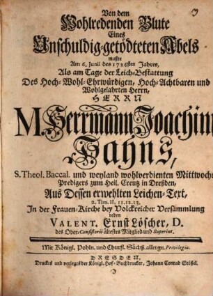 Rede bey Beerdigung des M. Herrn Joach. Hahn