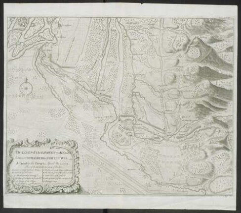 The Lines of Stolhoffen in Alsacia betwixt Strasburg & Fort Lewis : Attack'd by the French April the 23. 1703. Part of the Marquisate of Baden