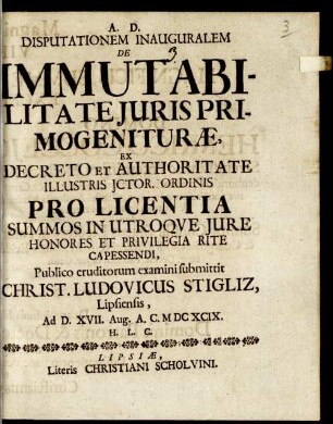 Disp. inaug. de immutabilitate iuris primogeniturae