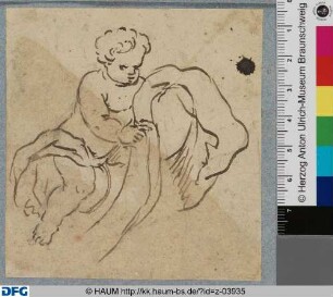 Sitzender Putto mit Draperie nach rechts gelehnt
