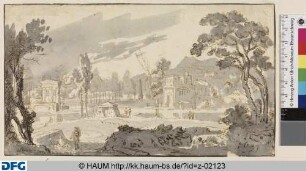 Landschaft mit antiken Gebäuderesten im Hintergrund