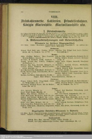 VIII. Steinkohlenwerke. Koksereien. Privateisenbahnen. Königin-Marienhütte. Maximilianshütte usw.