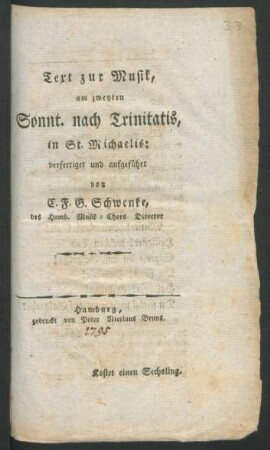 Text zur Musik, am zweyten Sonnt. nach Trinitatis, in St. Michaelis