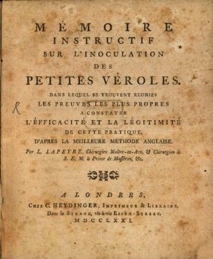 Mémoire instructif sur l'inoculation des petites véroles