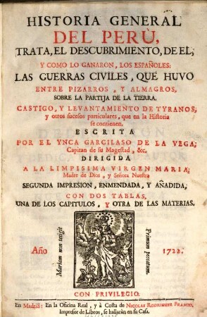 Comentarios reales, que tratan del origen de los Yncas. 2, Historia general del Perù