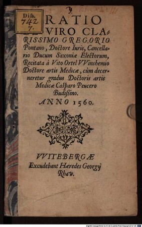 Oratio de viro clarissimo Gregorio Pontano, cancellario Saxoniae ...