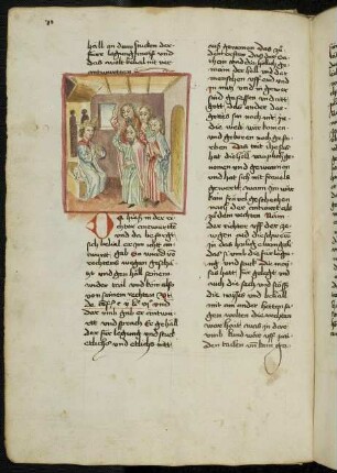 Prozessverfahren: Moses mit seinene Zeugen vor dem Richter; Zeugenvereidigung.