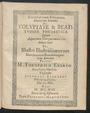 Exercitationum Ethicarum Duodecima & ultima De Voluptate & Beatitudine Theoretica