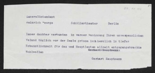 Brief von Gerhart Hauptmann an Heinrich George