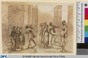 Zwei Darstellungen auf einem Blatt: Drei Frauen vor einem Eingang, aus dem ihnen ein junger Mann entgegenkommt; Jünglinge und junge Frauen am Eingang zu einem Gebäude