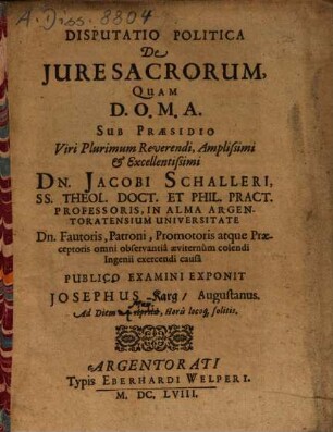 Disputatio Politica De Jure [Iure] Sacrorum
