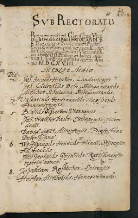 Sommerhalbjahr 1618. Rektorat Johann Georg Sigwart