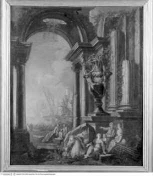 Capriccio mit Figuren und Vedute einer Küste