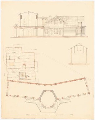 Schloss von Dr. Strousberg, Zbirow Umbau: Gärtnerwohnung: Grundriss OG, Schnitte