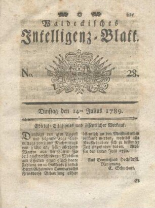 No. 28, Dinstag den 14ten Julius 1789