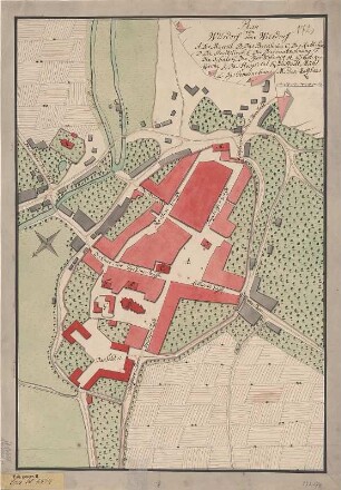 Plan von Wilsdruff, Handzeichnung, um 1780? : Plan von Wilsdorf oder Wilsdruf. - [S.l.] , [um 1780?]. - 1 Kt. : kolor. Handzeichng. ; 33 x 48 cm