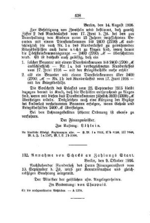 Annahme von Schecks an Zahlungs Statt : [A. Behörden und Beamte]