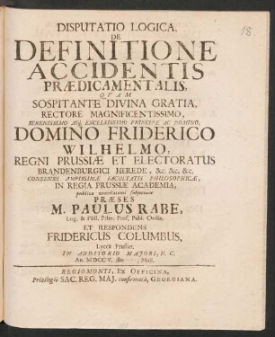 Disputatio Logica, De Definitione Accidentis Prædicamentalis