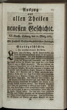 XII. Nachl. Coburg, den 21. Merz, 1761.