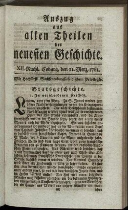 XII. Nachl. Coburg, den 21. Merz, 1761.