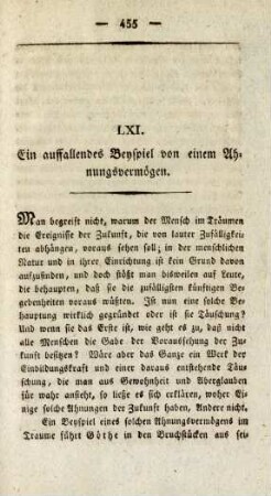 LXI. Ein auffallendes Beyspiel von einem Ahnungsvermögen