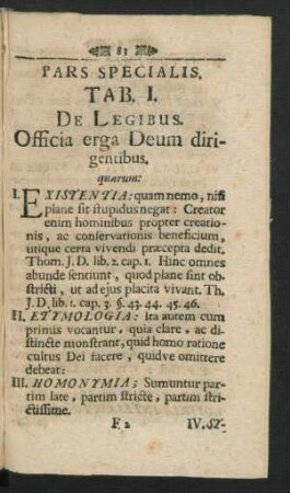 Tab. I. De Legibus. Officia erga Deum dirigentibus.