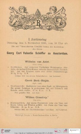 I. Auctionstag. Dienstag, den 5. November 1895, von 10 Uhr ab (Nr. 1 - 120)