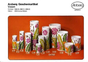 Produktblatt "Arzberg Geschenkartikel / Vasen / Formen: 3052 B, 3053 C, 3054 D" mit Dekor "Bunte Blüten"