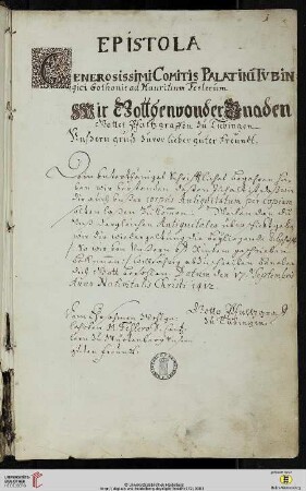 Epistola Generosissimi Comitis Palatini Tubingici Gothonis ad Mauritium Feslerum