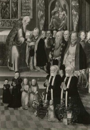 Meister des Rengersdorfer Altars. Epitaph des Abraham von Nostitz mit Darstellung des protestantischen Abendmahls. Ausschnitt: Die beiden Gattinnen und Töchter des Stifters A. v. Nostitz und Ausgabe des Kelches. Görlitz: Städtische Kunstsammlung