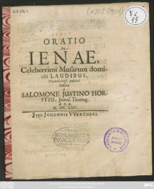 Oratio De Ienae Celeberrimi Musarum domicilii Laudibus ...