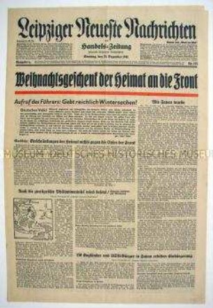 Tageszeitung "Leipziger Neueste Nachrichten" u.a. mit dem Aufruf Hitlers zur Sammlung von Wintersachen