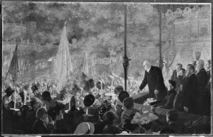 Dresden - Theaterplatz. Fürst Bismarck in Dresden am 18. Juni 1892. Huldigung der Bürgerschaft : Fürst Bismarck empfängt auf dem Theaterplatz in Dresden die Huldigung der Bürgerschaft. 18.06.1892. Öl/Lw., 1895