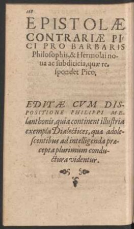 Epistolae Contrariae Pici Po Barbaris Philosophis, & Hermolai nova ac subditicia, quae respondet Pico.