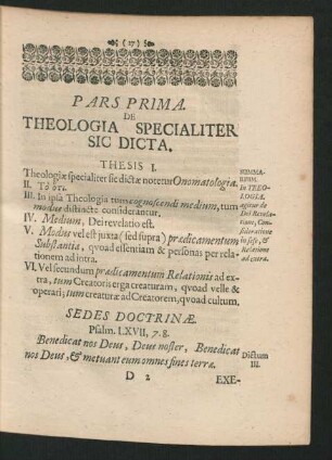 Pars Prima. De Theologia Specialiter Sic Dicta.