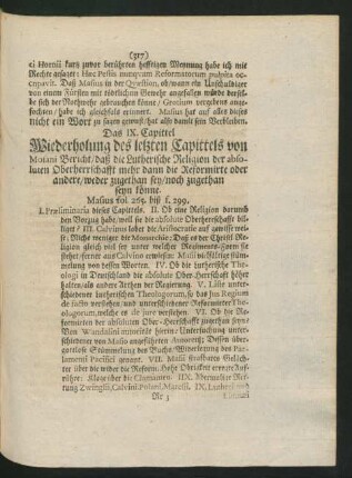 Das IX. Capittel. Wiederholung des letzten Capittels von Mosani Bericht ...