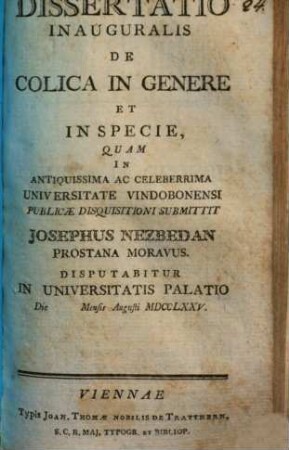 Dissertatio Inauguralis De Colica In Genere Et In Specie
