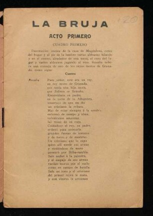 La Bruja : zarzuela en tres actos y cinco cuadros, en prosa y verso
